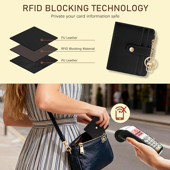 Jogjam Black Rfid Ladies Wallet, Small Slim Thin Compact Credit Card Women Wallet, PU Leather Bifold Cash Zipper Coin Pocket ID Window for Female