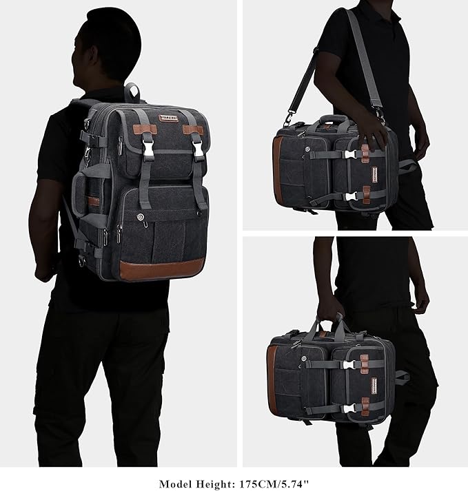 WITZMAN Canvas Travel Backpack for Men Large Laptop Backpack Fit 16 inch Carry-on Airline Approved Convertible Shoulder Rucksack(A6617-3 Black)