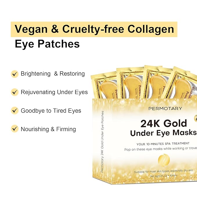 Permotary 30 Pairs Gel Crystal Collagen Under Eye Patches, 24K Gold Eye Mask for Moisturizing Skin, Lighten Dark Circles, Reduce Wrinkles & Puffiness,Bachelorette Party Gifts