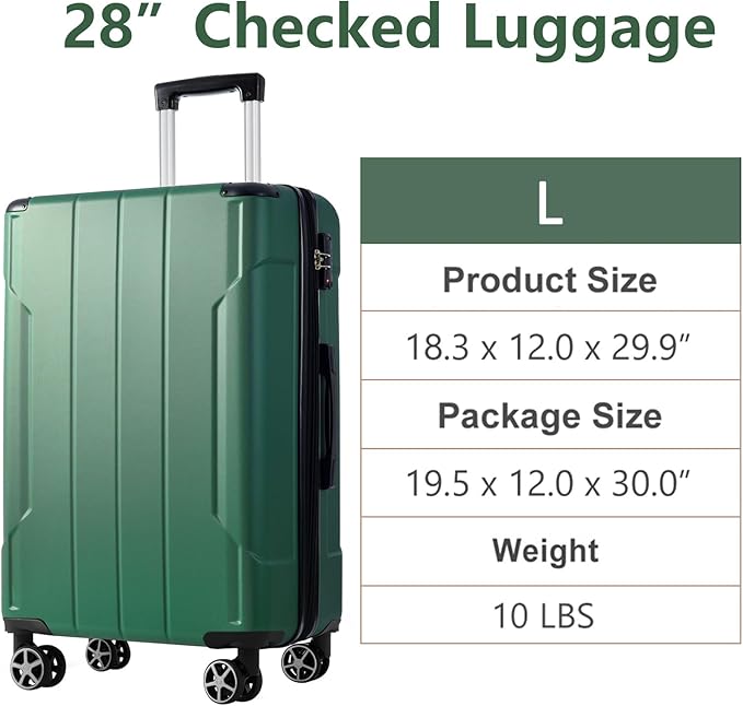 28 Inch Checked-Large Luggage, Lightweight ABS Hard Shell Suitcase with Spinner Wheels, Expandable Travel Luggage with Combination Lock & Side Hooks for Men Women (Green., 28)