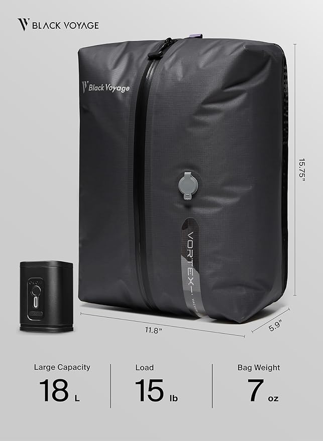 Black Voyage Reusable Vacuum Compression Travel Bag for Carry-On Suitcase and Backpack, Recycled IP67 Waterproof Space Saver Vacpack (3-Pack, 18L - Pump Included)