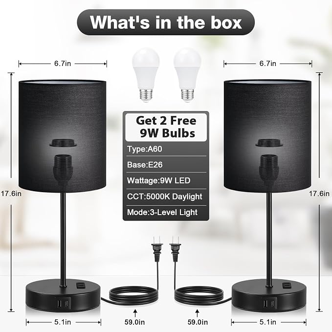 17.6" Black Touch Lamps for Bedroom Set of 2 - Dimmable, USB C+A, AC Outlet | Large 17.6" Tall Lamp, 3-Way Dimming, 5000K Daylight Bulbs, Black Lampshade Black Base, for Living Room, Boys, Men, Girls