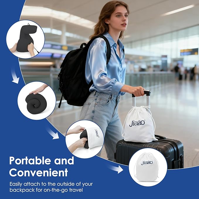 jiaao Travel Pillow Memory Foam Neck Support, Advanced Memory Foam Neck Pillow for Airplanes, Cars & Trains with Eye Mask, Earplugs & Storage Bag