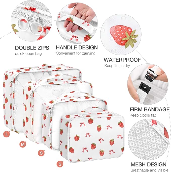 8 Set Packing Cubes for Suitcases,Packing Cube with Shoe, Cosmetics, Clothing, and Accessories Bags Packing Cubes for Travel Luggage Organizer Women Men(Strawberry Bows)