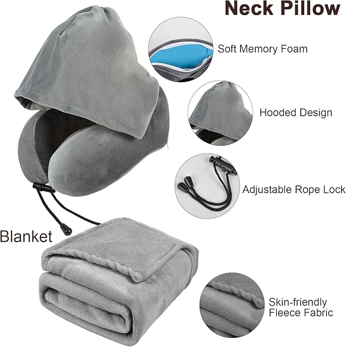 Travel Blanket Pillow Set - Travel Neck Pillow & Blanket for Airplane, Thick Fleece Plane Blanket, Hooded Memory Foam Neck Pillows, Foldable Duffel Bag, Sleep Mask, Earplugs for Plane Traveling, Gray