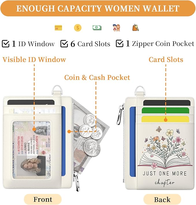 Hancynir Book Lover Floral Flower Slim Wallet Women Credit Card Holder, RFID Blocking Front Pocket Wallet Wristlet Keychain Lanyard, Small Cute Mini Card Case, Thin Travel Zipper Coin PU Leather Gifts