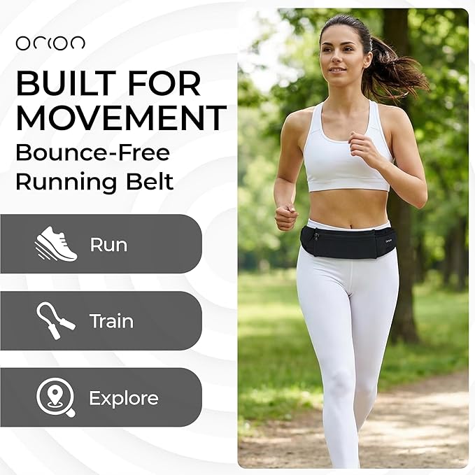 The Belt of Orion Slim Running Belt for Men & Women – No-Bounce Waist Pack with 3 Zippered Pockets, Adjustable Phone & Money Belt for Running, Workouts, Hiking (9” × 3.5”)