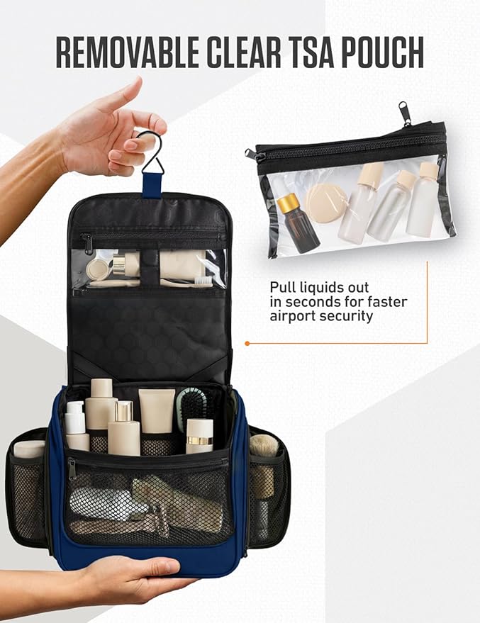 VENTURE 4TH Hanging Travel Toiletry Bag for Women & Men – Large Toiletry Organizer with 18 Compartments, Removable TSA Pouch, Travel Wash Bag for Toiletries, Makeup & Shaving Kit (Navy Blue)