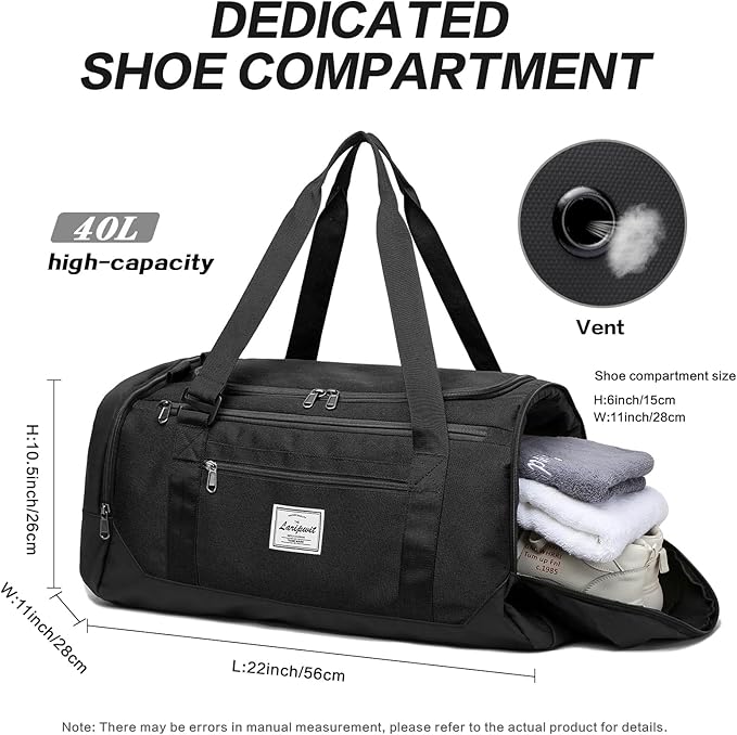 Laripwit Travel Duffle Bag for men 40L Medium Sports Gym Bag with Wet Pocket & Shoes Compartment Weekender Overnight Backpack for Traveling Duffel Bag Backpack for Women, Black