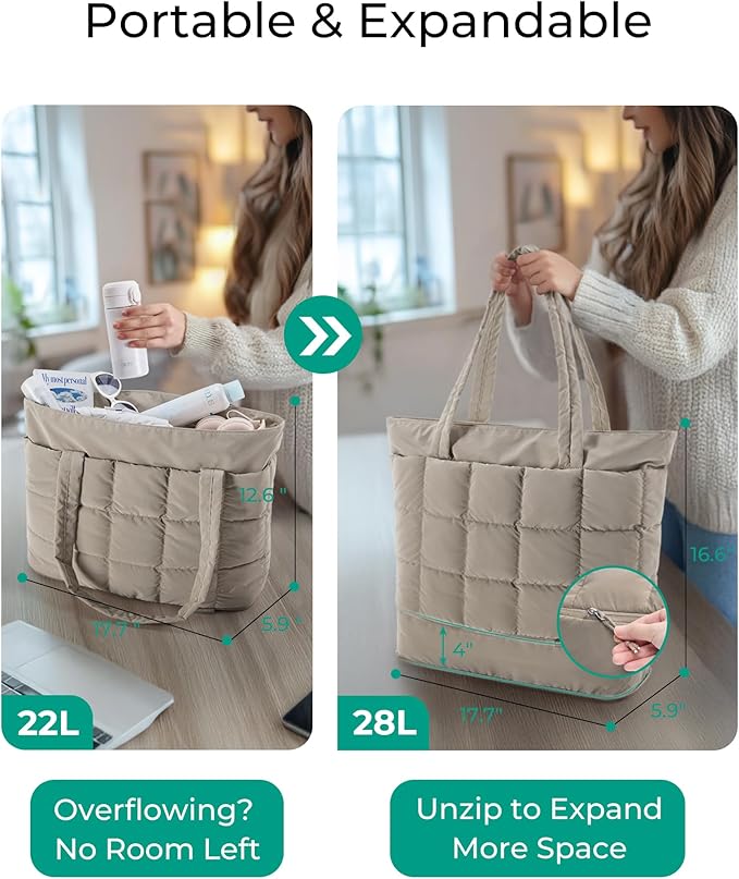 BAGSMART Expandable Tote Bag for Women, Puffer Work Tote Handbag, Quilted Carry On Bag for Travel Gym