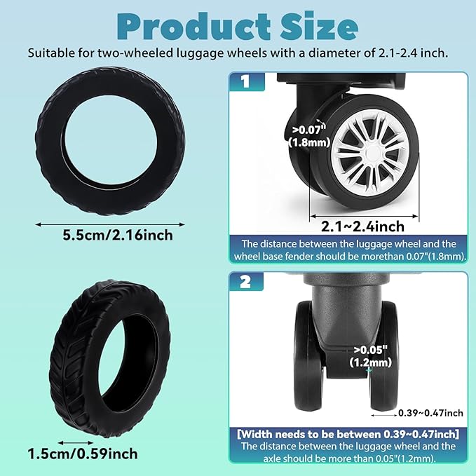 Ymapinc 8Pcs Luggage Wheel Covers Protector, Anti Slip Suitcase Wheel for 2.1-2.4 Inch Wheels Carry On Travel Luggages Replacement Accessories(Silicone, Black)