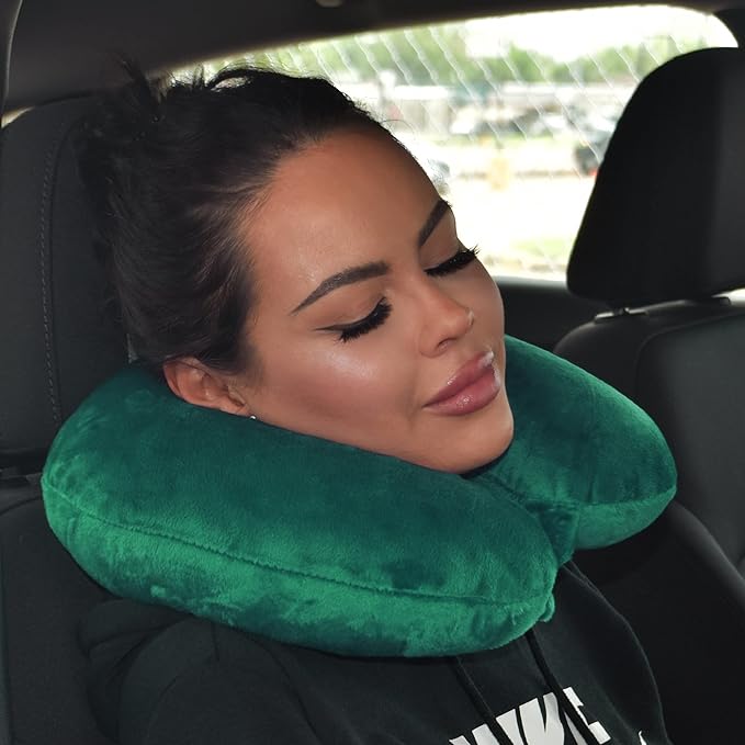 Adult Cozy Soft Microfiber Neck Pillow for Travel – Compact, Machine Washable - Perfect for Airplane, Car, or Home Use - Filled and Finished in The USA – Green