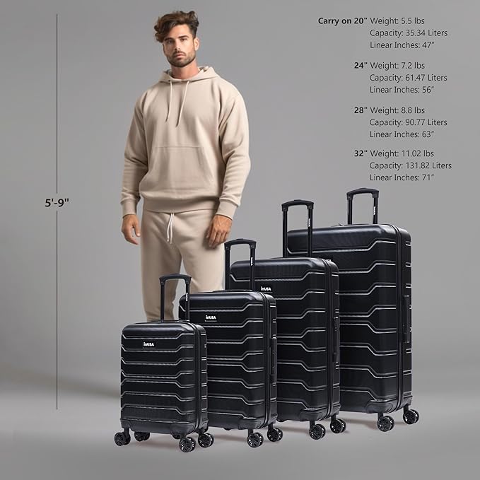 InUSA TREND Luggage with Spinner Wheels | Durable Lightweight Hardside Suitcase, Travel Sets with Handle and Trolley | (20in, 24in, 28in, 32in) 4 Piece Set | Black