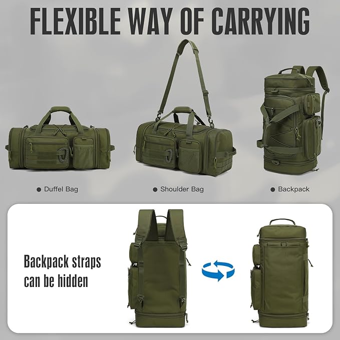 3 in 1 Tactical Travel Duffle Bag Backpack for Men Women 40-45L Expandable Gym Bag & Sport Duffel Bags for Travel with Shoe Compartment & Wet Pocket, Weekend Overnight bag for Caming, Green