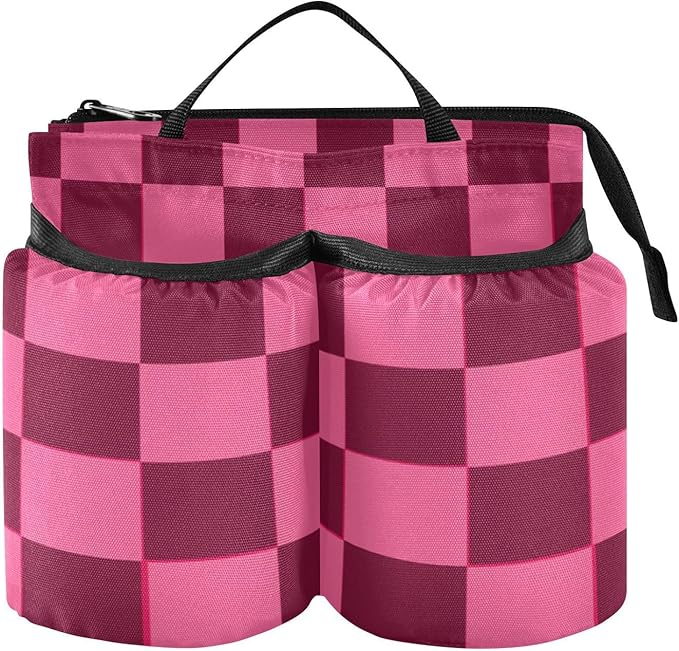 Checkered Hot Pink Luggage Cup Holder Travel Portable Free Hand Drink Carrier Suitcase Drinks Beverage Holder Carry-On Bottle Mug Holder Organizer Bag Travelers Accessories