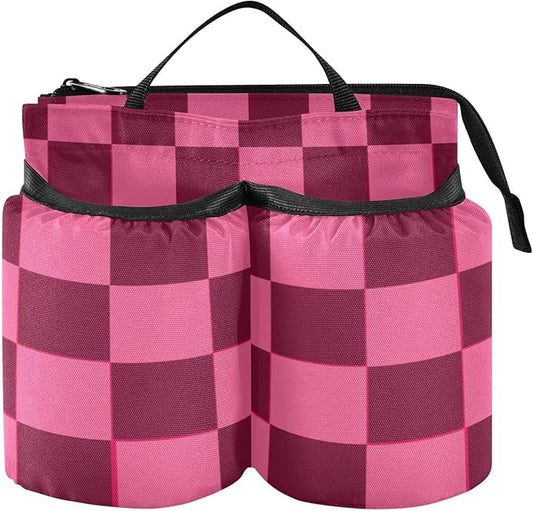 Checkered Hot Pink Luggage Cup Holder Travel Portable Free Hand Drink Carrier Suitcase Drinks Beverage Holder Carry-On Bottle Mug Holder Organizer Bag Travelers Accessories