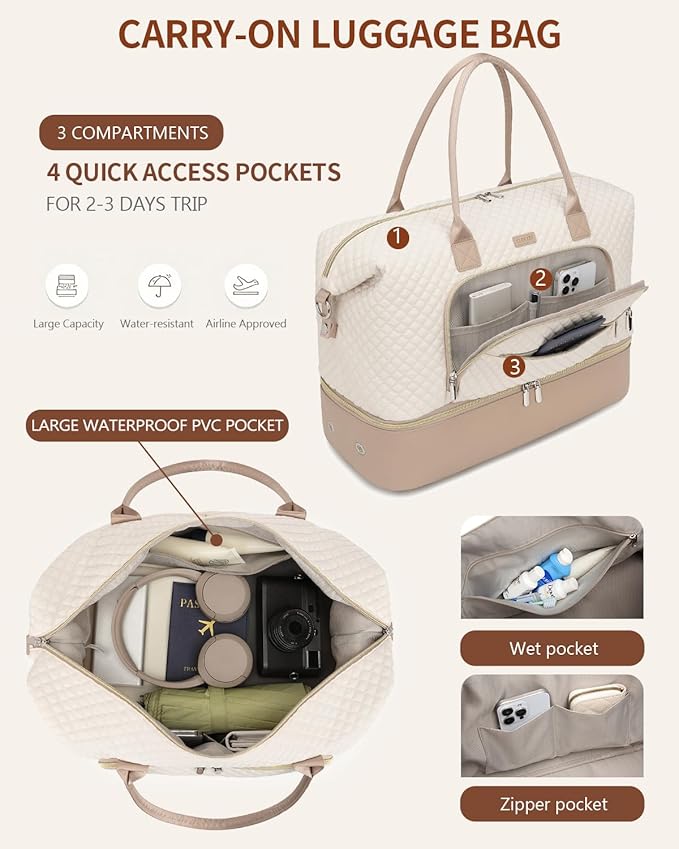 Weekender Bags for Women, Travel Duffle Bag Carry On Overnight Bag with Cosmetics Bag and Crossbody Purse for Gym Hospital, Gifts for Women, Beige Camel
