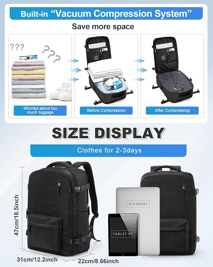 VGCUB Vacuum Backpack Travel with Electric Pump Vacpack System Storage Carry on Work Laptop Business Waterproof College Compression Personal Item Daypack Backpacks for Women Men Black