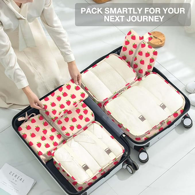 8 Set Packing Cubes for Suitcases,Packing Cube with Shoe, Cosmetics, Clothing, and Accessories Bags Packing Cubes for Travel Luggage Organizer Women Men(8 Set Strawberry)