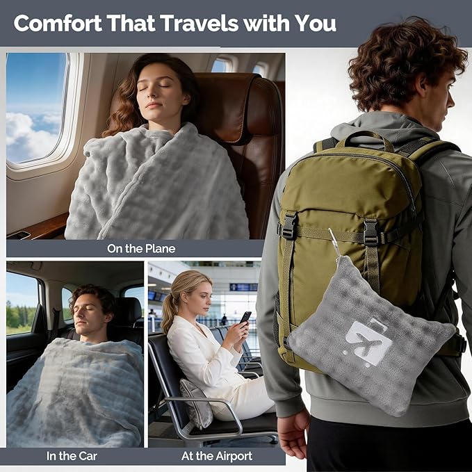 Gray Travel Blanket for Airplane, Soft Lightweight Flannel Blanket, Compact & Portable with Storage Bag, Luggage Strap & Clip, Cozy Travel Essential for Flights, Road Trips & More,40.7''×64.1‘’