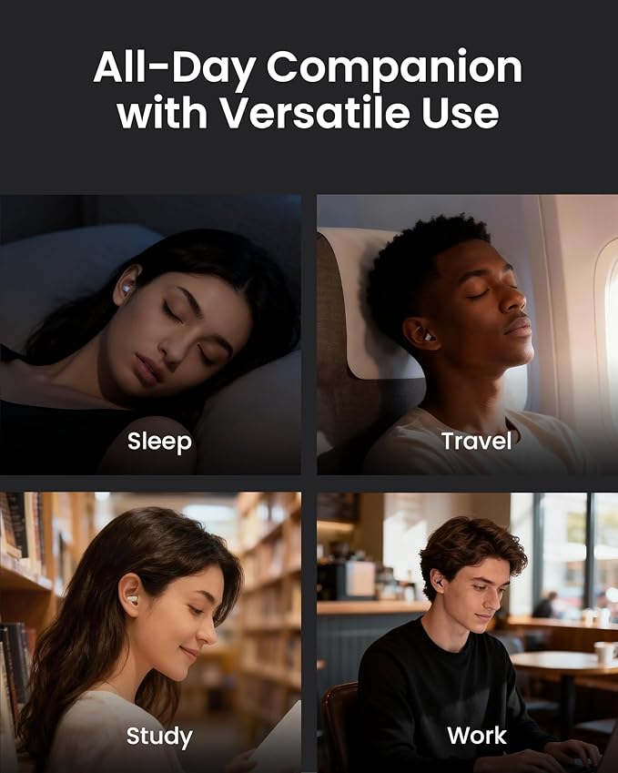 Ear Plugs for Sleeping All-Night Wear without Ear Pain Side Sleeper Patent Qufits Eartips Ultra-Comfy Reusable Earplugs for Sleep, Focus, Study, Travel, 23dB Noise Reduction - Black