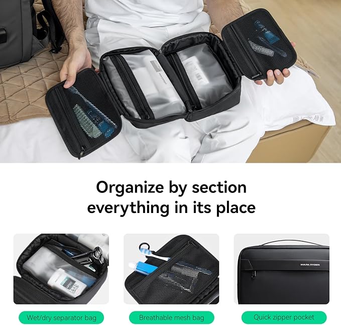 MARK RYDEN Toiletry Bag for Men, Travel Toiletry Organizer Dopp Kit Water-resistant Shaving Bag for Toiletries Accessories (Black)