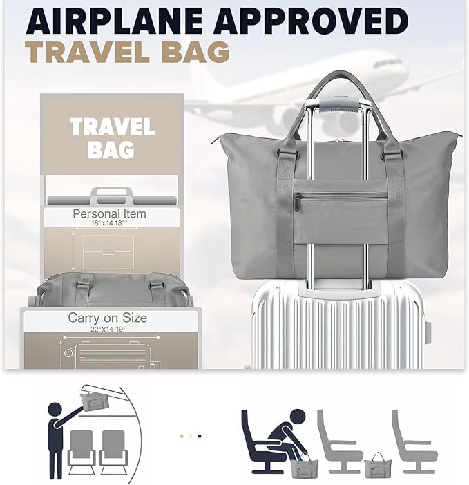 Travel Duffle Bag, Weekender Travel Bag Men Small Gym Bag for Women, Hospital Bag for Labor and Delivery, Overnight Bag Luggage Bag with Trolley Sleeve, Airplane Travel Essentials for Flying(Grey)