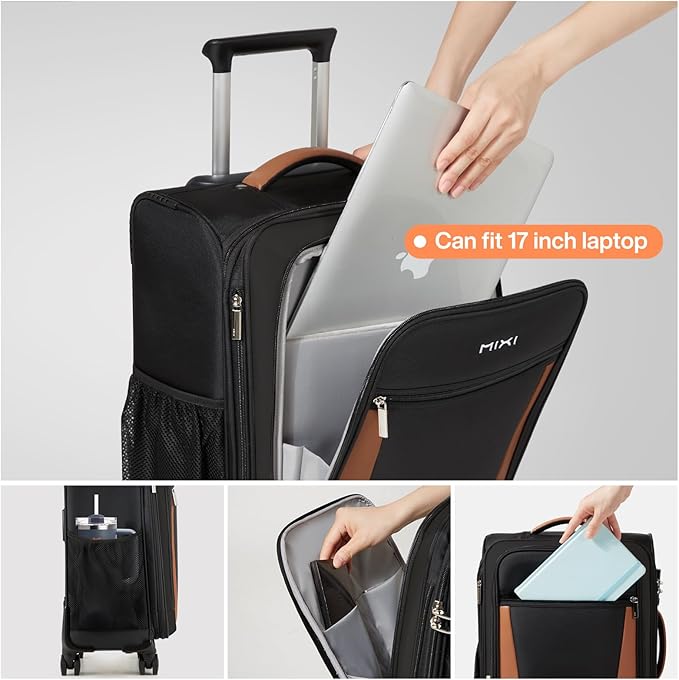 mixi Carry On Luggage 20 Inch Softside Expandable Suitcase with Front Pocket, 22x14x9 Airline Approved Rolling Lightweight Travel Suitcases with Wheels & TSA (Black)