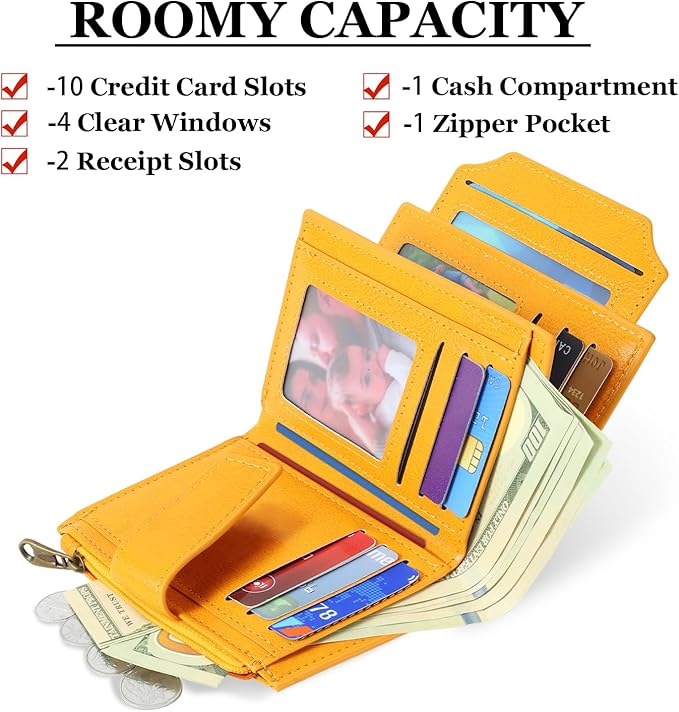 Airkit Small Wallet Women RFID Blocking Soft Leather Bifold Compact Card Holder Wallet for Women with Zipper Coin Pocket 4 ID Window