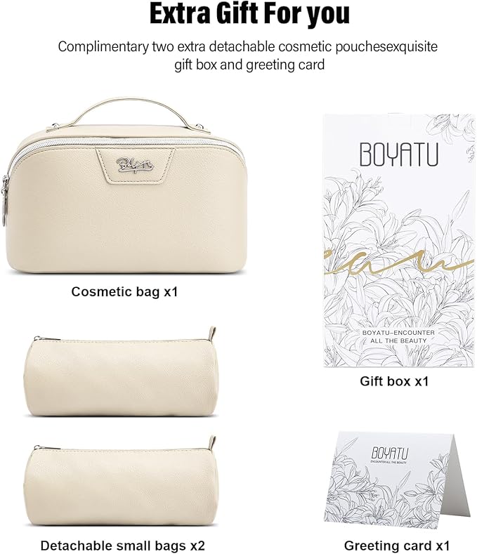 BOYATU Travel Makeup Bag Cosmetic Bags for Women: Large Capacity 3 Pcs Set Make up Bag with Compartments - Waterproof Vegan Leather Toiletry Organizer Bags with Handle (L27Off-white)