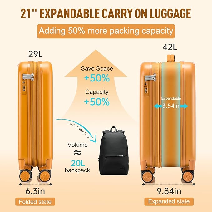 Foldable Checked-Luggage, Durable Hardside Suitcase with Mute Wheels, Waterproof Expandable Harshell Rolling Luggages with Side Pocket, TSA Lock (Yellow, 28-Inch)