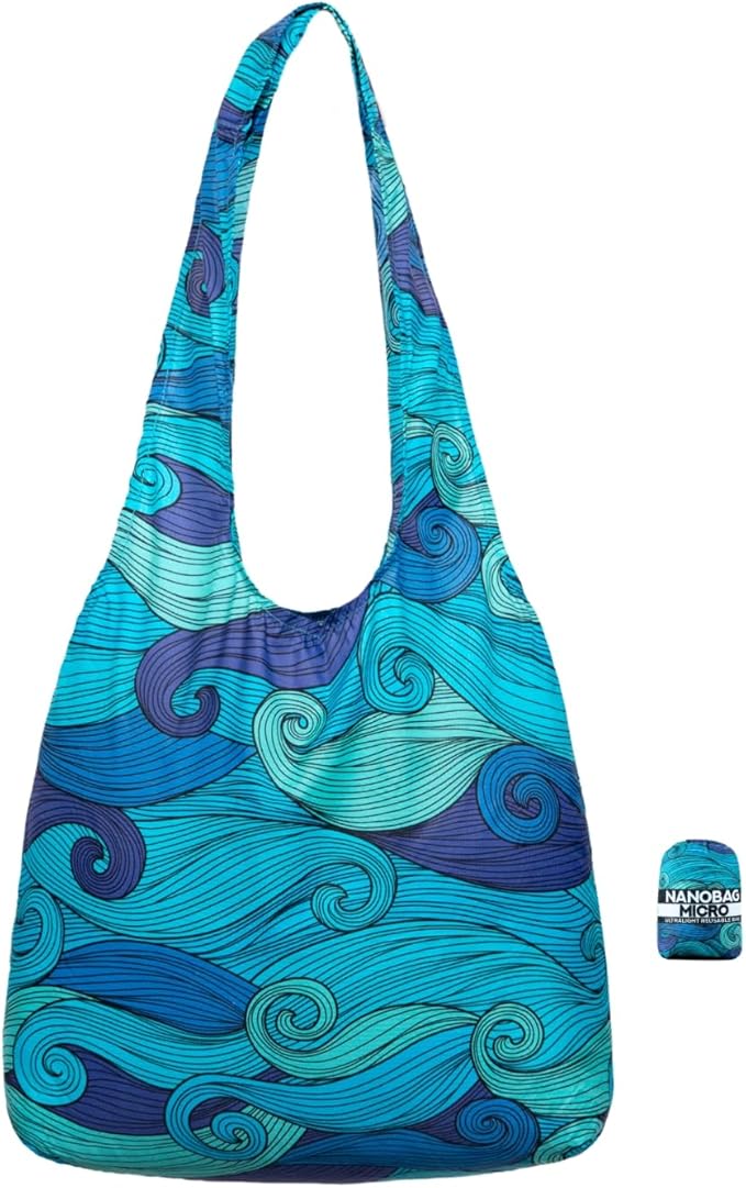 Nanobag Ultralight Foldable Tote for Women & Men, Reusable Grocery & Travel Bag, Packable Collapsible Compact Market Essential (Micro Blue Waves)