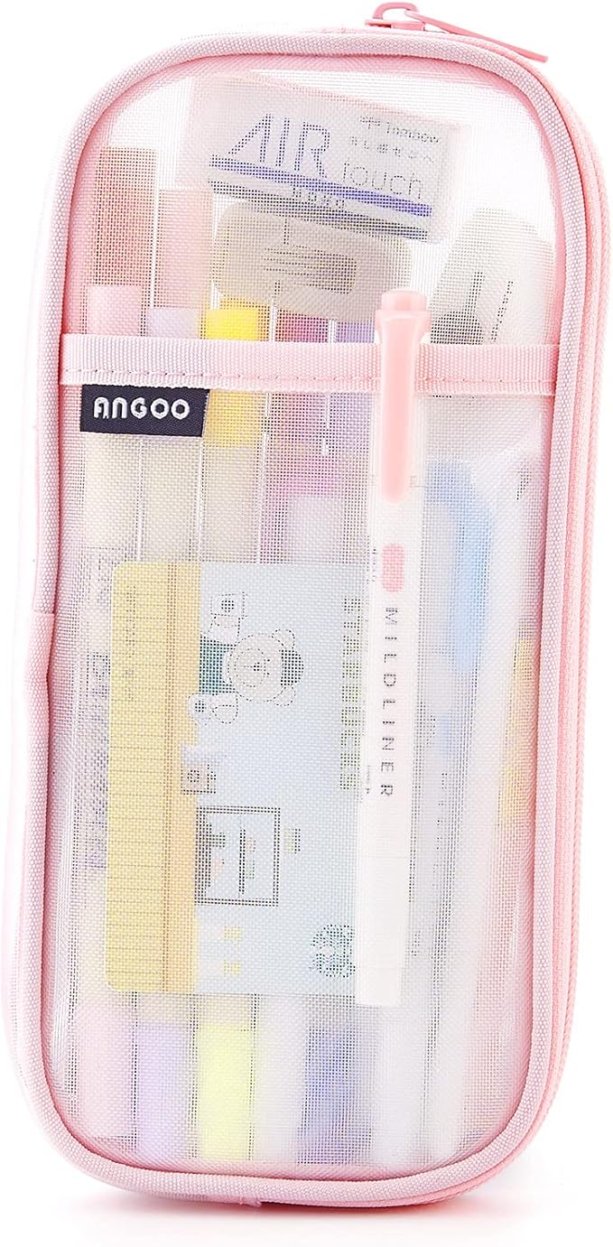 EASTHILL Grid Mesh Pen Pencil Case with Zipper Clear Makeup Color Pouch Cosmetics Bag Multi-Purpose Travel School Teen Girls and Boys Transparent Stationary Bag Office Organizer Box for Adluts(Pink)