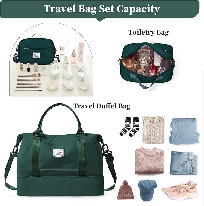Weekender Bags for Women,Personal Item Travel Bag with Shoes Compartment,Overnight Travel Duffel Bag with Quilted Toiletry Bag,DarkGreen