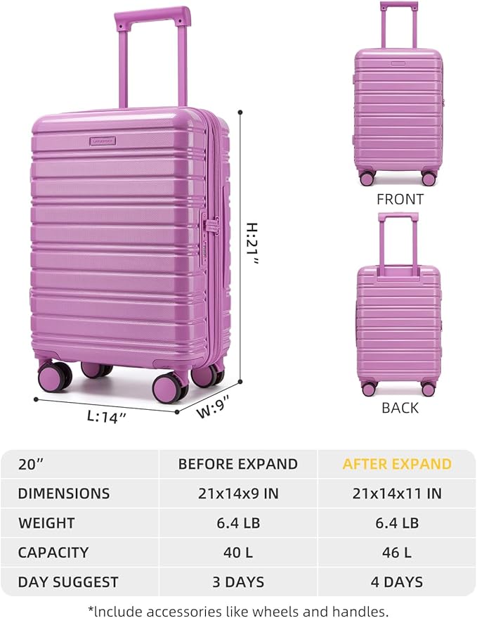 LARVENDER Carry On Luggage 22x14x9 Airline Approved, 20 Inch Expandable PC+ABS Hardside Suitcase Carry On Luggage with Spinner Wheels TSA Lock for Women Men (Berry)
