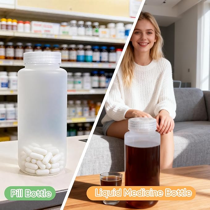DEMORA 16 oz Plastic Bottles with Lids, Airtight Refillable Wide Mouth Travel Bottles for Toiletries, PP Food Grade Plastic Containers for Liquids Pill Water Sample Lab Reagent (Clear, 2 Pcs)