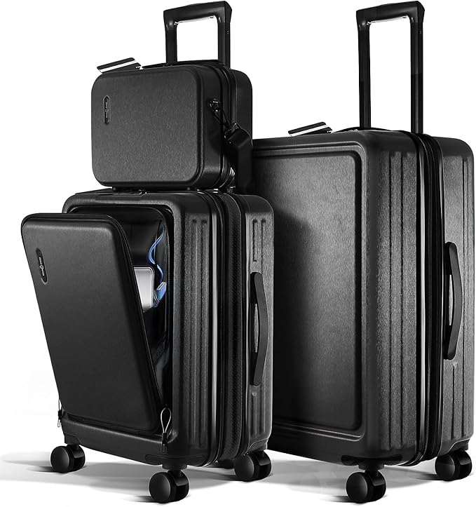 Luggage Sets 3 Piece, 20 Inch Carry on Luggage and 24 Inch Suitcases with Wheels Spinner, Durable Hard Shell Suitcase Set, Expandable Travel Suitcase, Black