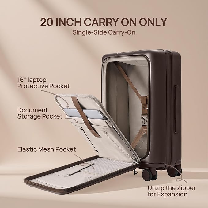 NINETYGO Carry On Luggage 22x14x9 Airline Approved, Top Opening 20 Inch Suitcase with Front Compartment, Expandable, Coffee-Infused PC Shell, Eco-Friendly, Cup Holder, TSA, Spinner Wheels (Americano)