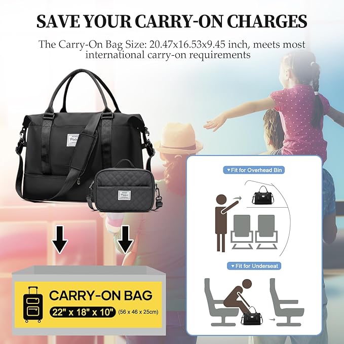 Weekender Bags for Women,Personal Item Travel Bag with Shoes Compartment,Overnight Travel Duffel Bag with Grid Toiletry Bag,Extra Large,Black