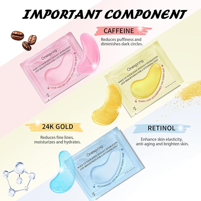 Eye Mask Gift Box (48 Pairs) - Caffeine, 24K Gold, Retinol Triple Energy - Fights Puffiness, Dark Circles, Fine Lines, Firming Under Eye Patches - Birthday, Bachelorette Party, Bridesmaid Gift