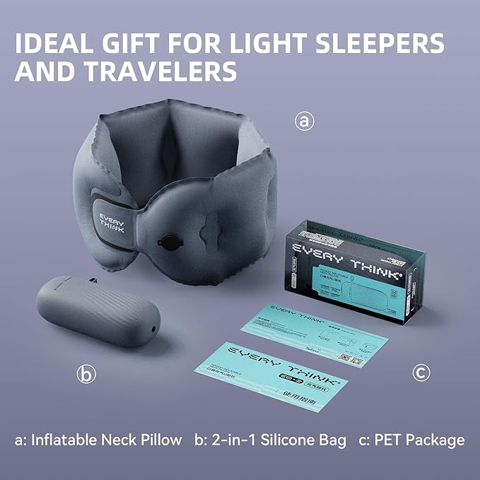 Inflatable Travel Pillow - Travel Pillow for Long Flight, Inflatable Neck Pillow for Traveling, Pocket Blow Up Pillow for Airplane, Bus, Train, Car, Office, Home (Navy Blue)
