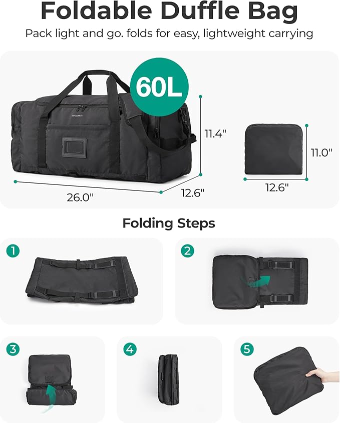 BAGSAMRT 60L Foldable Duffle Bag for Travel, Large Travel Duffel Bag for Men, 4 in 1 Travel Backpack, Carry on Weekender Bag, Army Green
