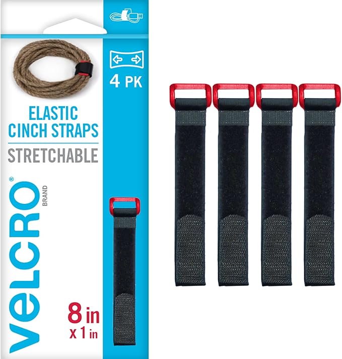 VELCRO Brand VEL-30791-AMS Elastic Cinch Straps with Buckle | 8in x 1in, Pk of 4 | Fully Adjustable and Stretch for Snug Fit | for Fastening Power Cords, Ropes, Organizing Cables, More | Black