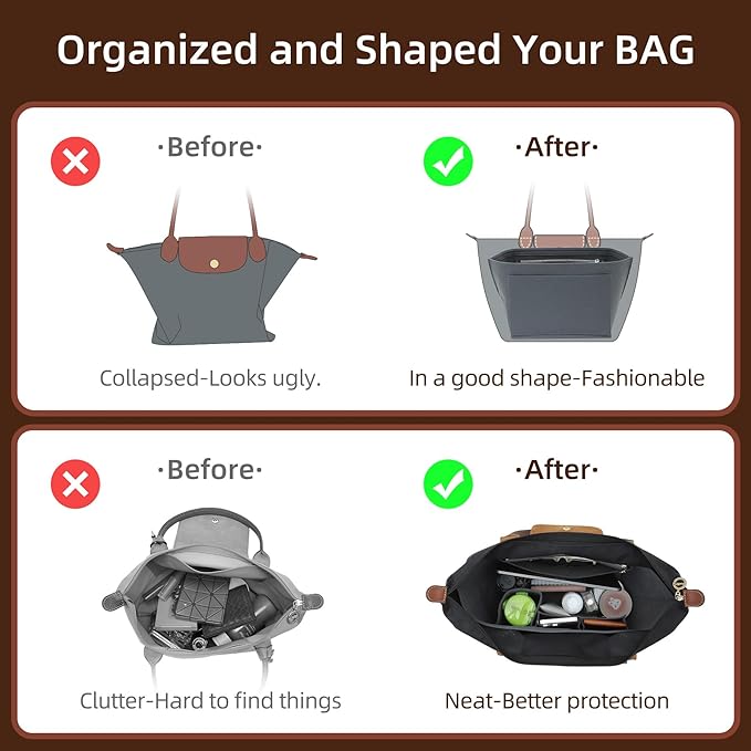 Doxo Felt Purse Organizer Insert for Longchamp Le Pliage L Handbag Insert (Light Grey, Large)