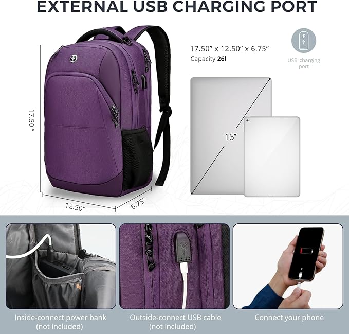 Swissdigital Design Business Laptop Backpack, College Laptops Backpack with USB Charging Port for Men and Women Fits 16 Inch Notebook, Purple | SD1670-51