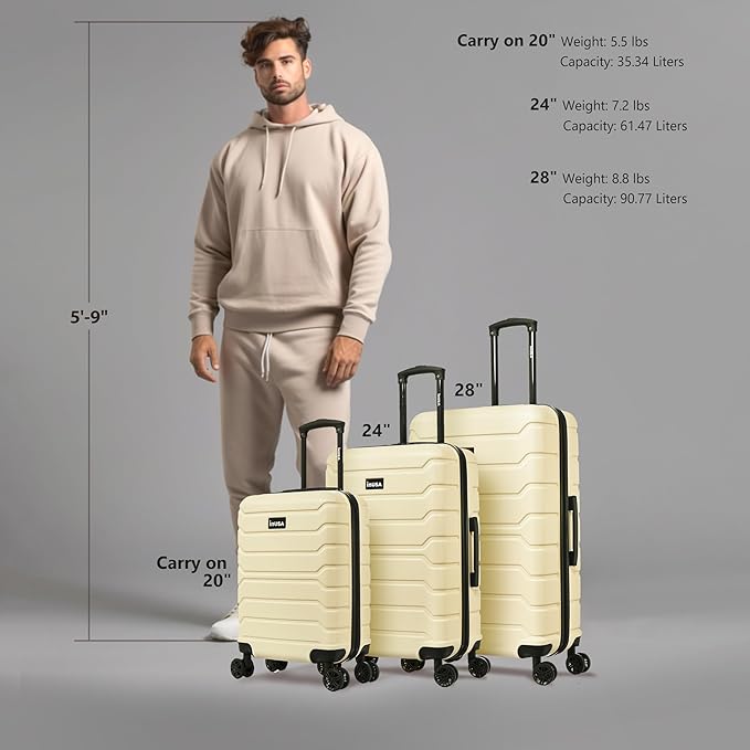 InUSA TREND Luggage with Spinner Wheels | Durable Lightweight Hardshell Suitcase,Travel sets with Handle and Trolley | (20in, 24in, 28in) 3 Piece Set | Sand