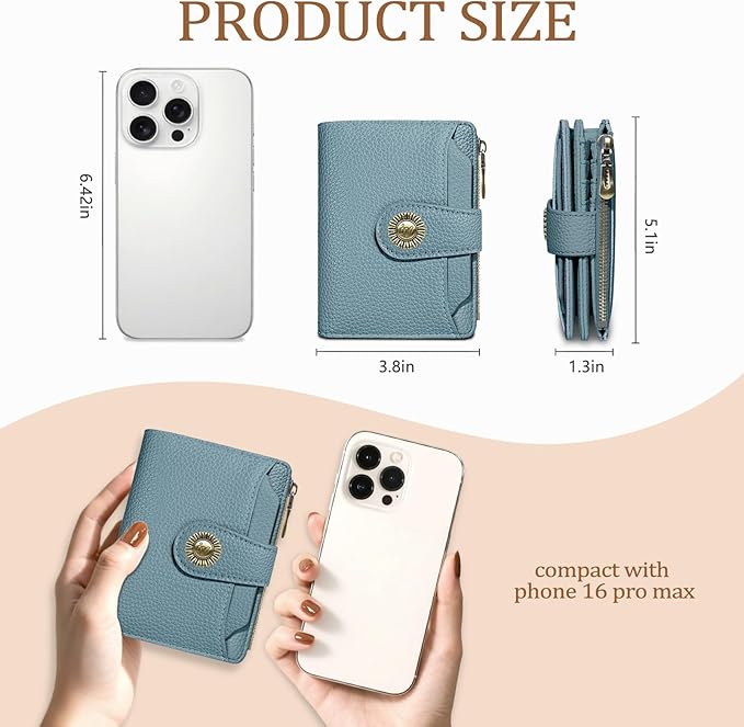 Icycay Blue Small Wallet Women RFID Blocking Bifold, Credit Card Holder, Zipper Coin Pocket, PU Leather, Compact, Travel, 4 ID Window, 14 Card Slots, Cash Purse, Ladies Woman Female Girls