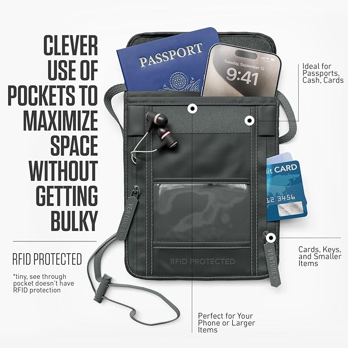 VENTURE 4TH Neck Wallet for Women & Men – RFID Blocking Passport Holder for Travel, Hidden Neck Pouch with 6 Compartments, Slim Lightweight Travel Organizer with Adjustable Strap (Sleek Gray)