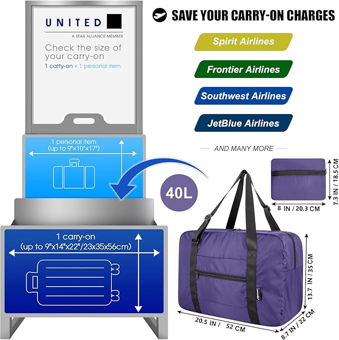 Foldable Travel Duffle Bag, Airlines Approved Carry On Bag Weekender Overnight Bag for Men Women, 40L (Purple)