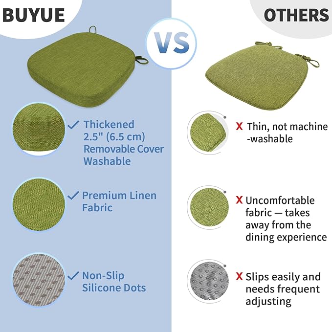 BUYUE Thickened 2.5" Friendly Woven Fabric Dining Chair Cushion, U-Shape High Density Foam Comfortable Chair Pad for Kitchen, Slip Resistant Indoor Seat Cushion (1 Piece, Grass Green)